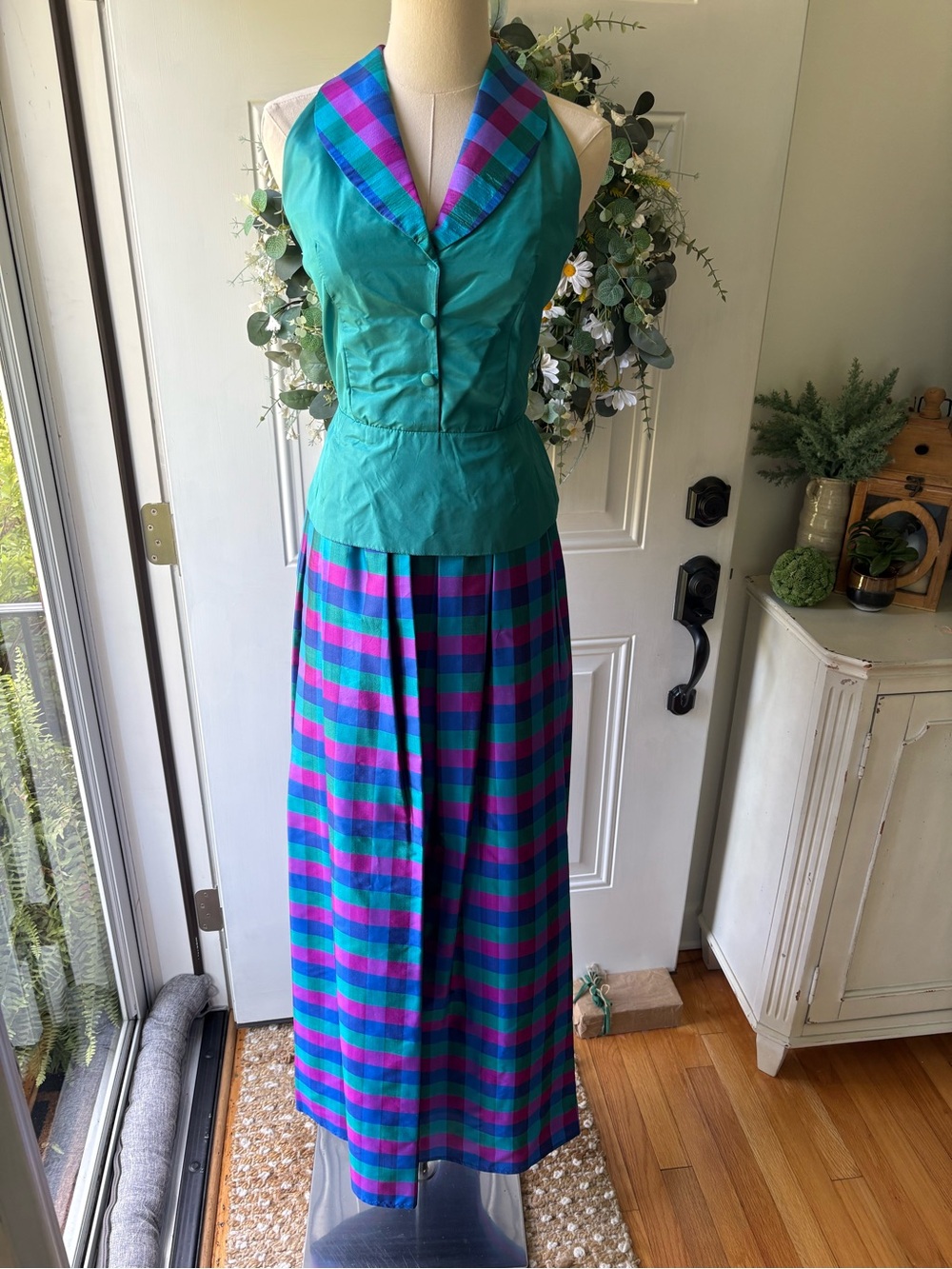 Vintage 90’s 100% Silk Tapeta Halter Top with Blue-Purple Plaid Maxi Skir